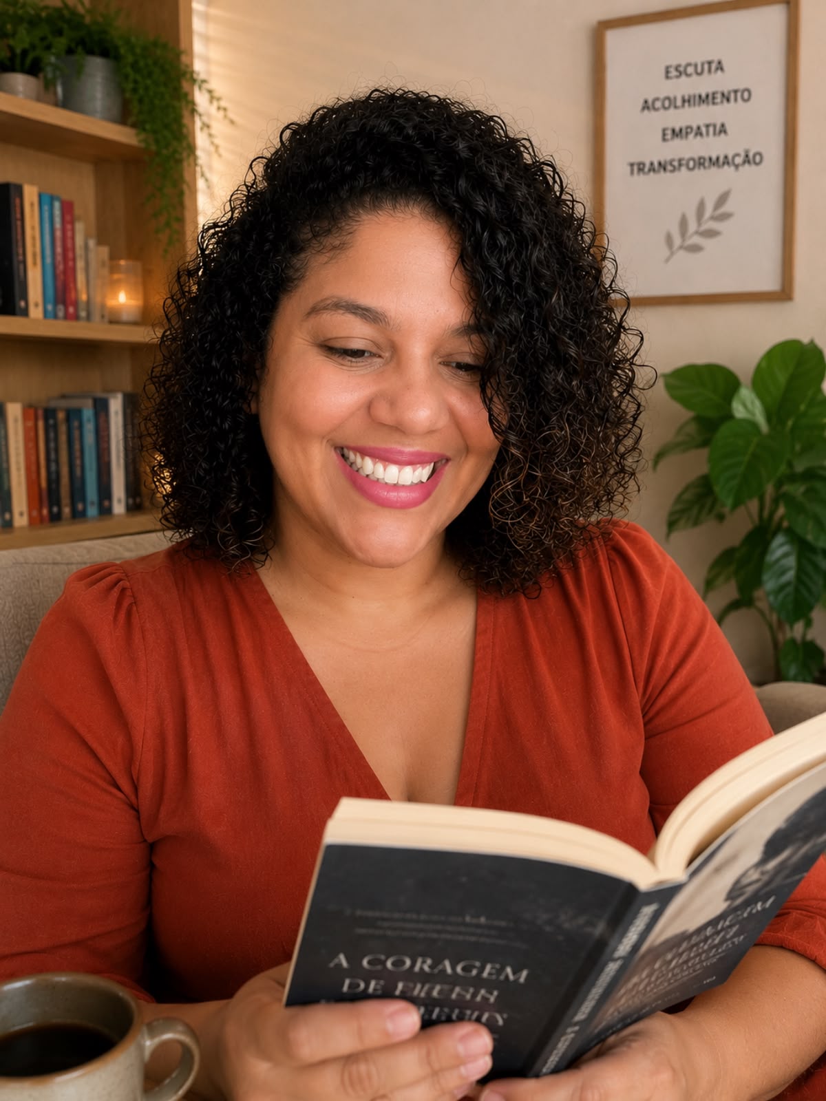 Priscilla Menezes sorrindo enquanto lê um livro em um ambiente acolhedor